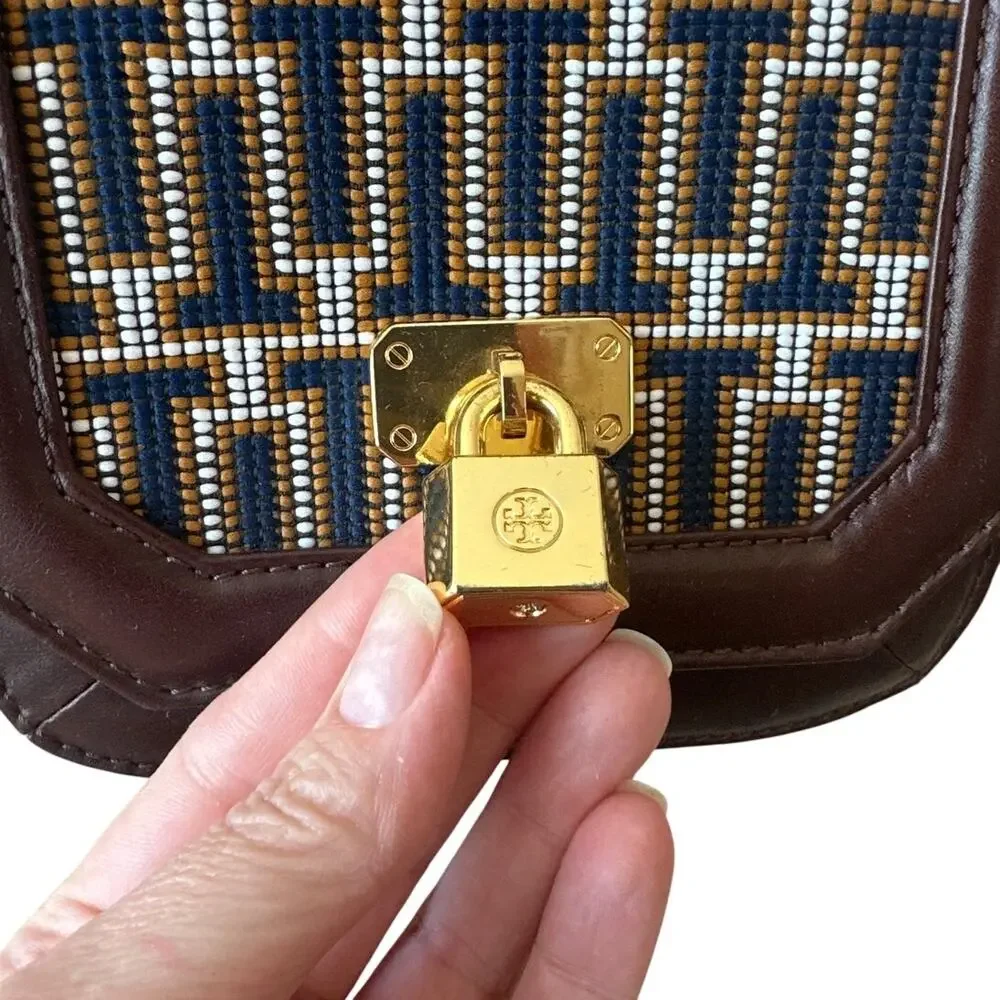 Tory Burch Mini Crossbody Navy Brown Logo Jacquard‎ Lock Bag